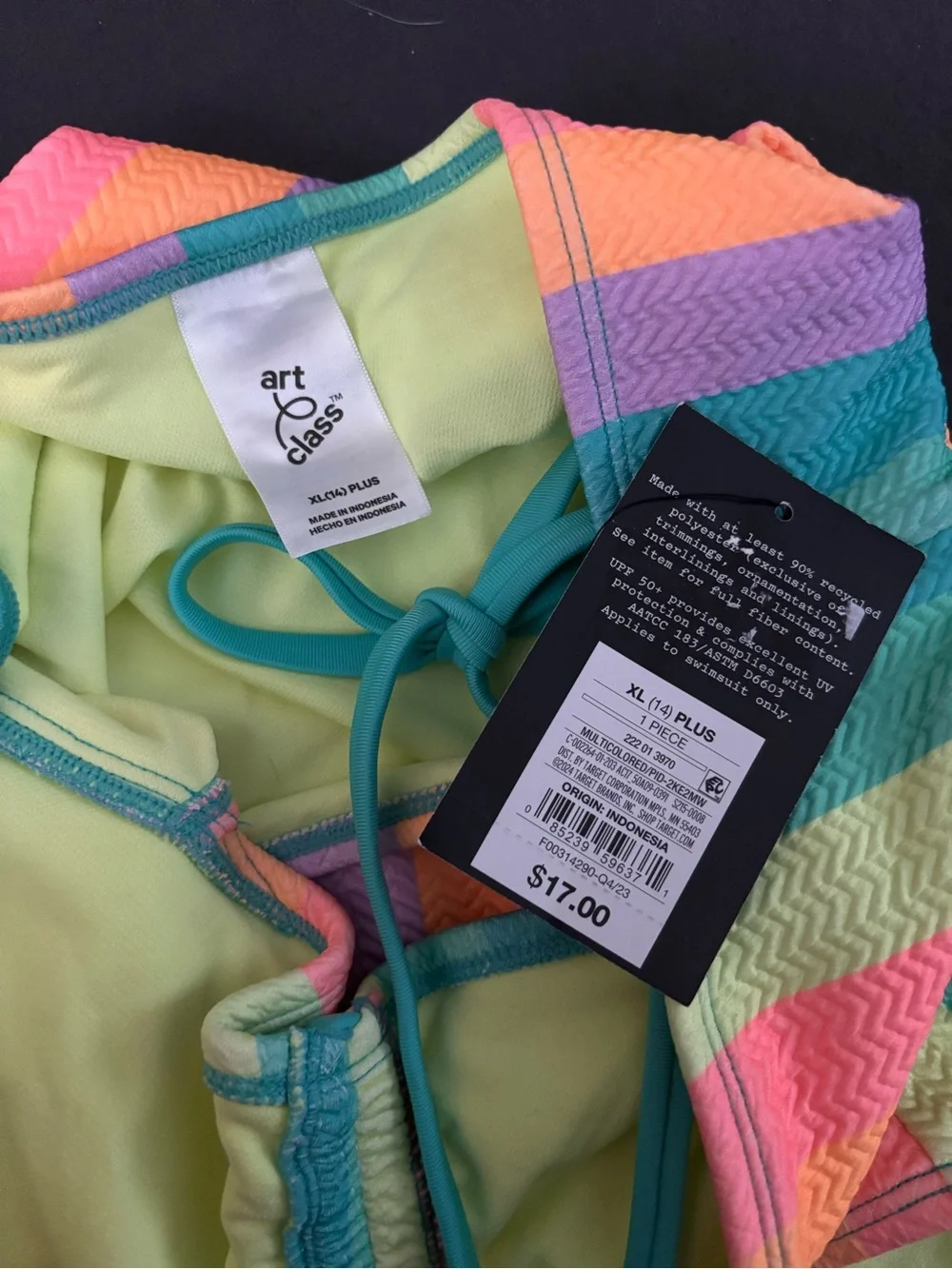 art class Rainbow Stripe One-Piece Swimsuit in Teal, Pink, Purple, Yellow
